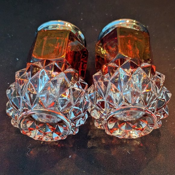 Beautiful Pair Indiana Glass Ruby Red And Crystal Diamond Point Candle Holders - Picture 8 of 11